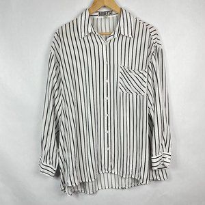Audrey 3+1  Oversized Button Down Drop Shoulder  Long Sleeve Blouse Top Stripe